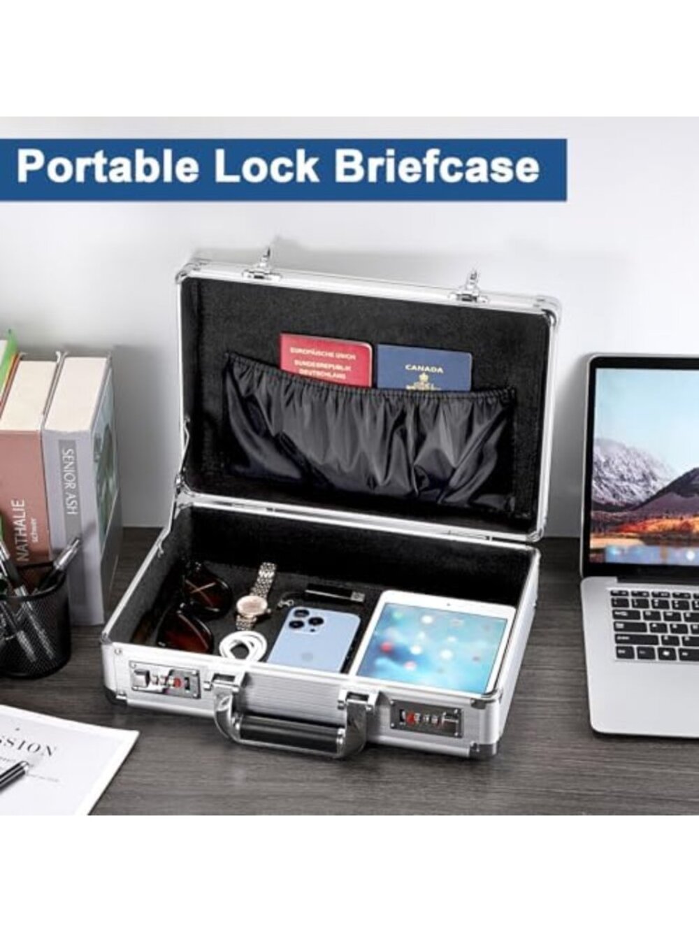 Secure File Organizer Storage Box with Lock & Handle, Stylish Silver Storage - Picture 3 of 7